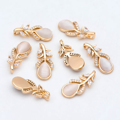4pcs CZ Pave Cats-Eys Stone Feather Charms, Jewelry Making, Diy Material, Jewelry Supplies (GB-3343-B)