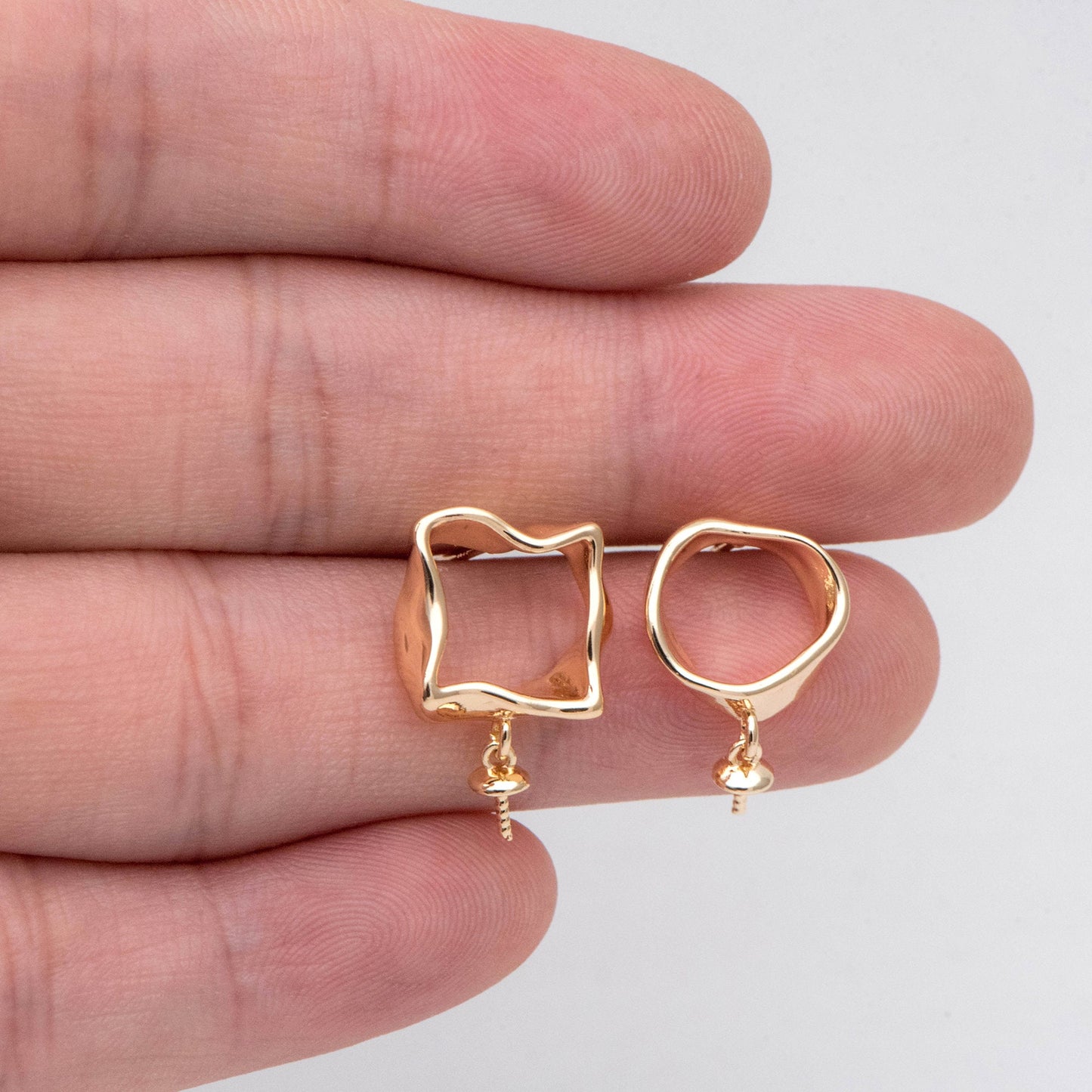 10pcs Gold Asymmetry Circle Square Earring Posts, Geometric Shape Earring, Half Drilled Pearl Mounts, Pearl Earring Settings (#GB-2941)