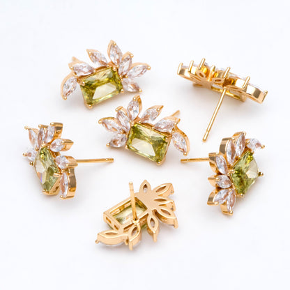 4pcs CZ Pave Olive/ Emerald Rectangle Leaf Earring Studs, Dainty Earrings, Gift For Her (#GB-2943)