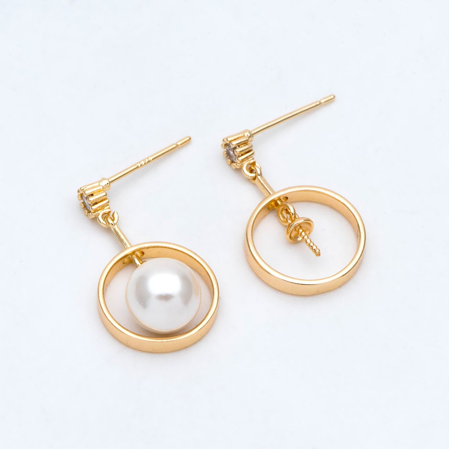 4pcs CZ Pave Round Drop Earring, Pearl Earring Mounts, Half Drilled Pearls Earring Settings (#GB-2945)