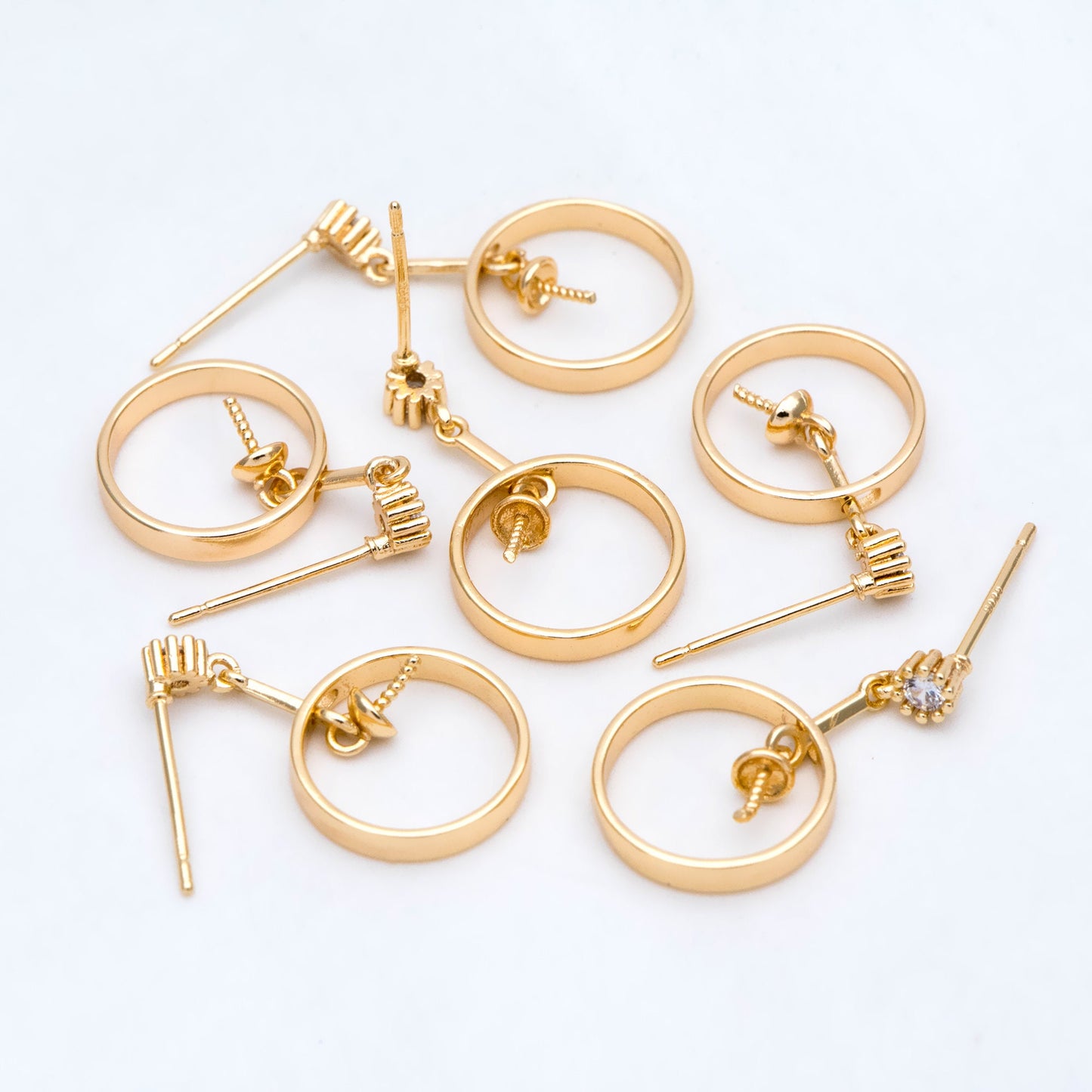 4pcs CZ Pave Round Drop Earring, Pearl Earring Mounts, Half Drilled Pearls Earring Settings (#GB-2945)