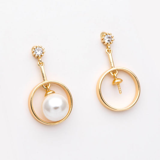 4pcs CZ Pave Round Drop Earring, Pearl Earring Mounts, Half Drilled Pearls Earring Settings (#GB-2945)