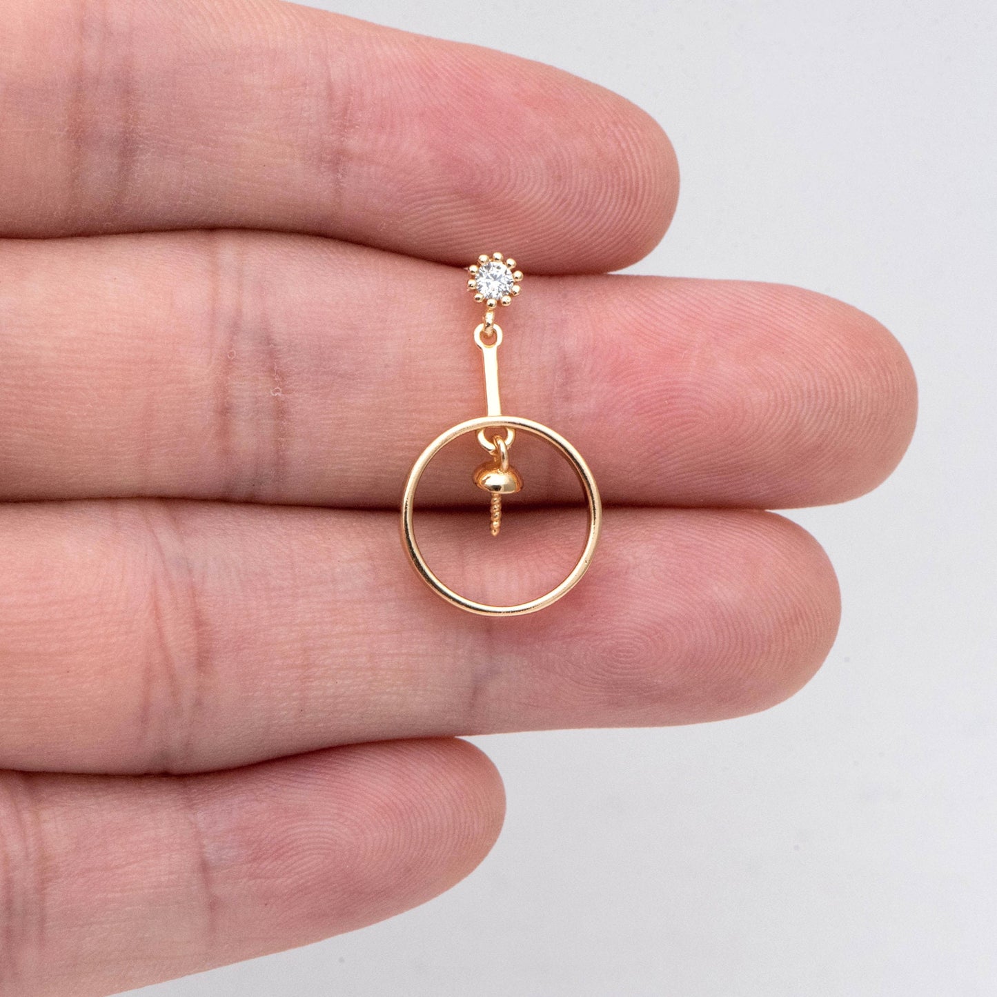 4pcs CZ Pave Round Drop Earring, Pearl Earring Mounts, Half Drilled Pearls Earring Settings (#GB-2945)