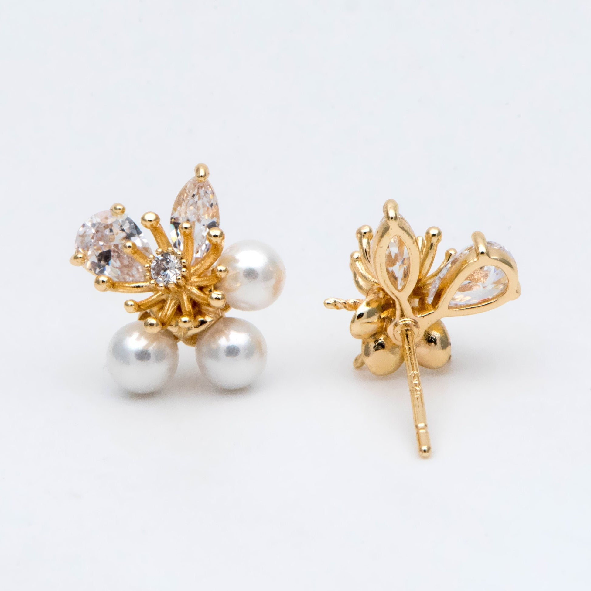4pcs Gold Flower Ear Posts 12x10mm, Pearl Peg Earring Mounts, Foral Stud Earrings with Peg (GB-1728)