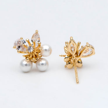 4pcs Gold Flower Ear Posts 12x10mm, Pearl Peg Earring Mounts, Foral Stud Earrings with Peg (GB-1728)