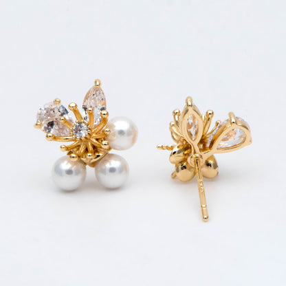 4pcs Gold Flower Ear Posts 12x10mm, Pearl Peg Earring Mounts, Foral Stud Earrings with Peg (GB-1728)