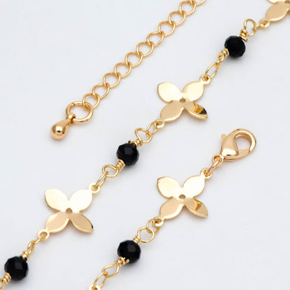Gold plated Brass Flower with Black Beads Chains, Finished Bracelet/ Anklet/ Necklace with Extender Chain, Ready to Wear (#LK-172)