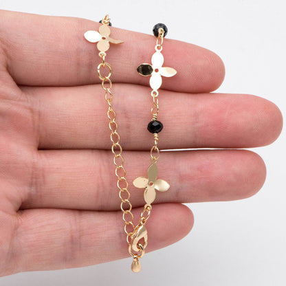 Gold plated Brass Flower with Black Beads Chains, Finished Bracelet/ Anklet/ Necklace with Extender Chain, Ready to Wear (#LK-172)