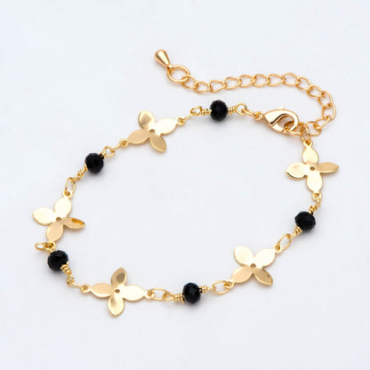 Gold plated Brass Flower with Black Beads Chains, Finished Bracelet/ Anklet/ Necklace with Extender Chain, Ready to Wear (#LK-172)