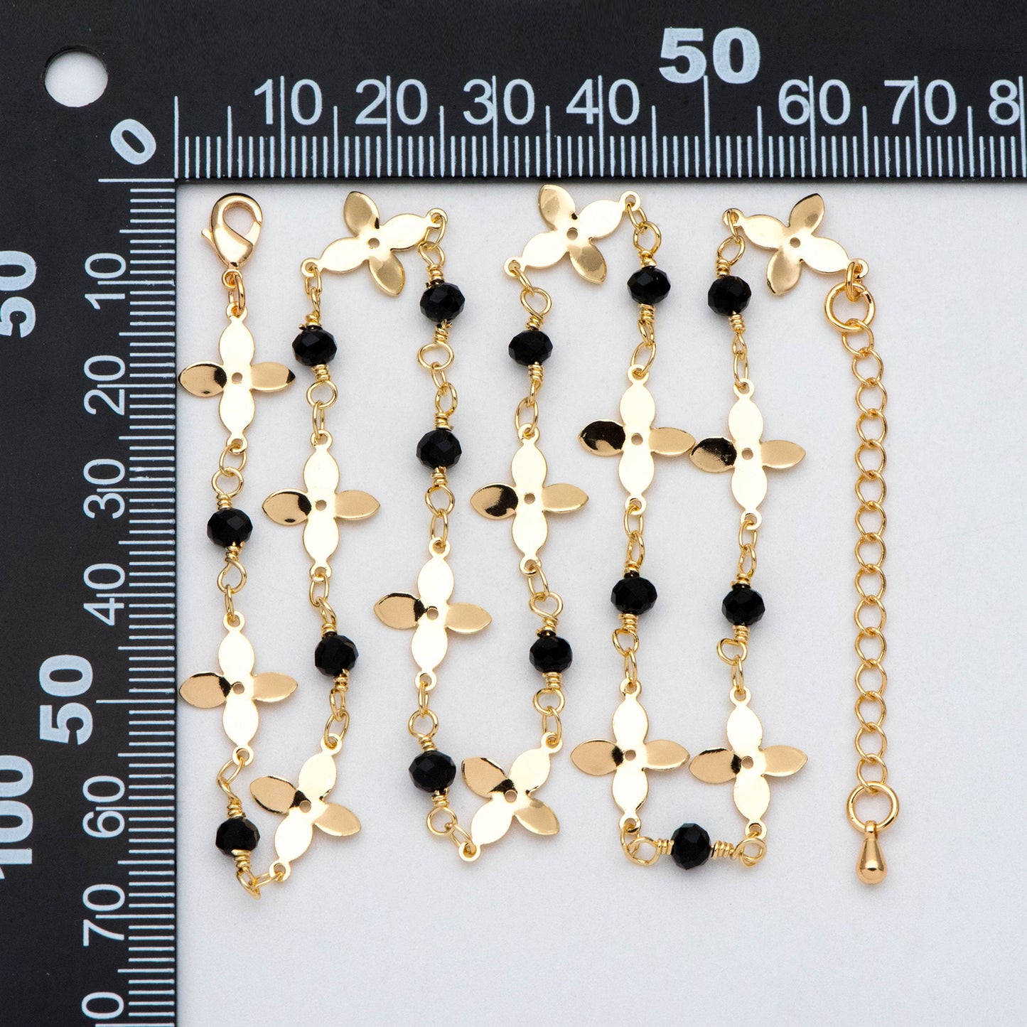 Gold plated Brass Flower with Black Beads Chains, Finished Bracelet/ Anklet/ Necklace with Extender Chain, Ready to Wear (#LK-172)