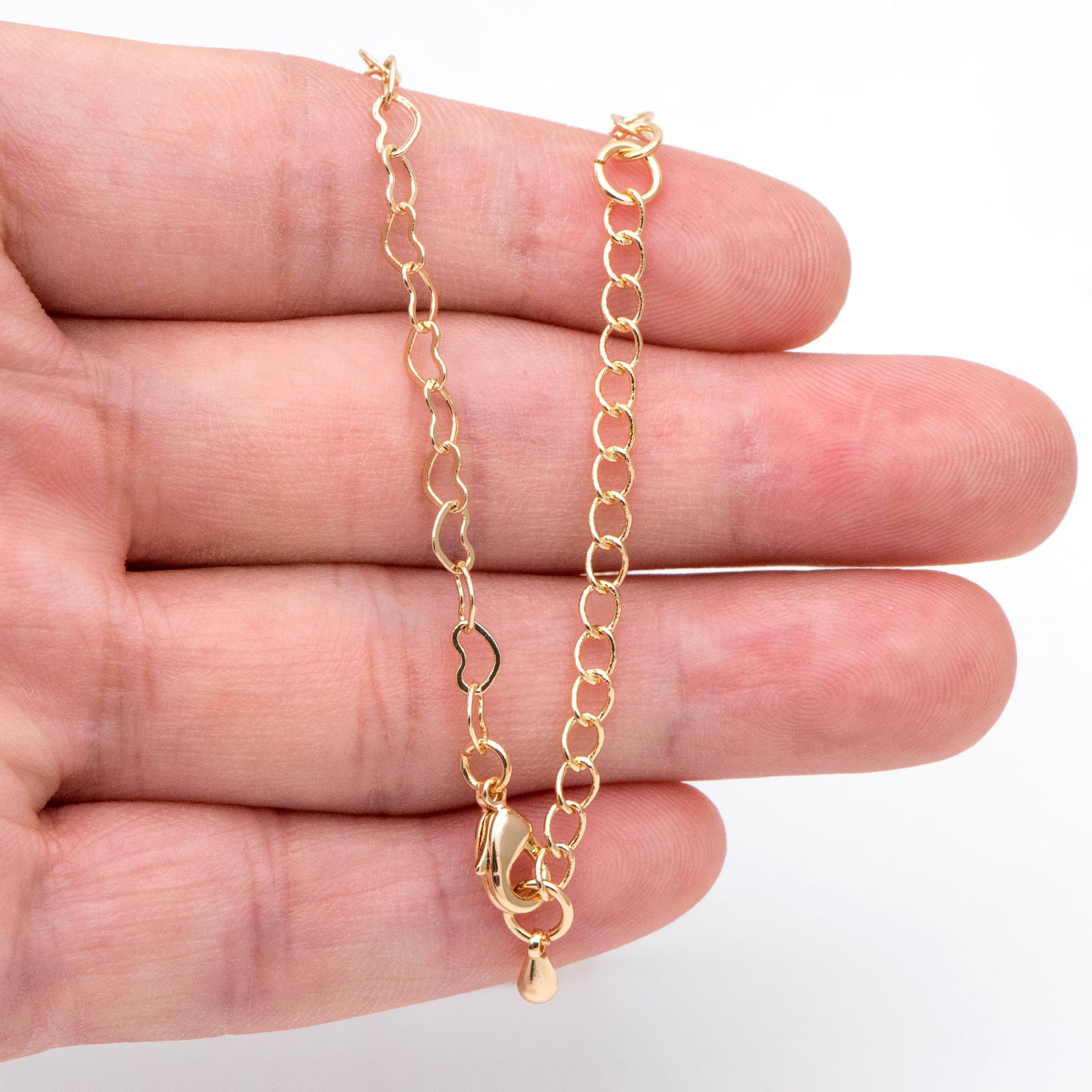 Gold/ Silver/ Rose Gold Heart Chains, Finished Bracelet/ Anklet/ Necklace with Extender Chain, Gold plated Brass, Ready to Wear (#LK-105)