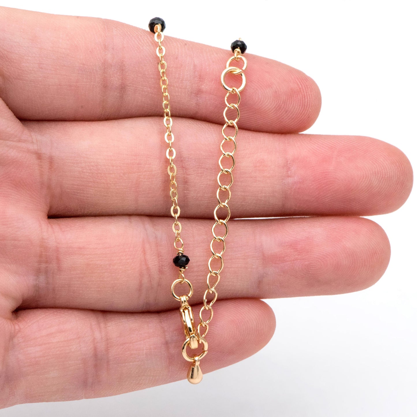 Black/ Grey/ White Crystal Bead Chains, Finished Bracelet/ Anklet/ Necklace with Extender Chain, Gold plated Brass, Ready to Wear (#LK-145)