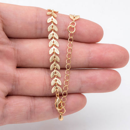 Gold/ Rhodium plated Brass Chevron Leaf Chain 6.3mm, Finished Bracelet/ Anklet/ Necklace with Extender Chain, Ready to Wear (#LK-153)