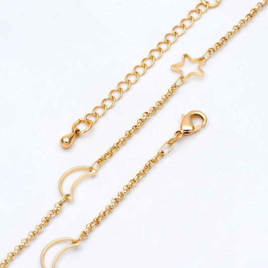 Gold Moon Star Chain, Finished Bracelet/ Anklet/ Necklace, Adjustable with Extender Chain, Ready to Wear (#LK-419)