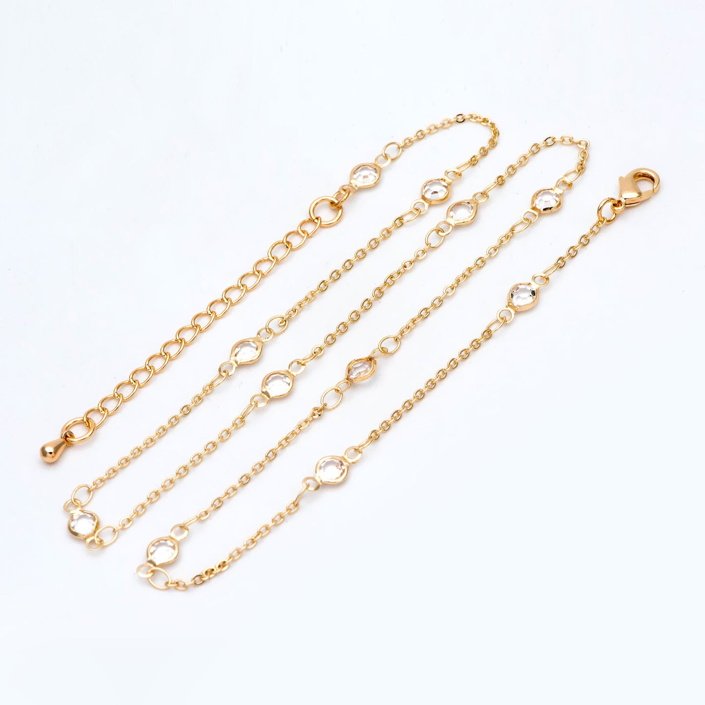 Adjustable Bracelet/ Anklet/ Necklace with Extender, 18K Gold/ Rhodium plated Brass, Crystal Coin Bead Chain, Ready to Wear (#LK-147-4.5)