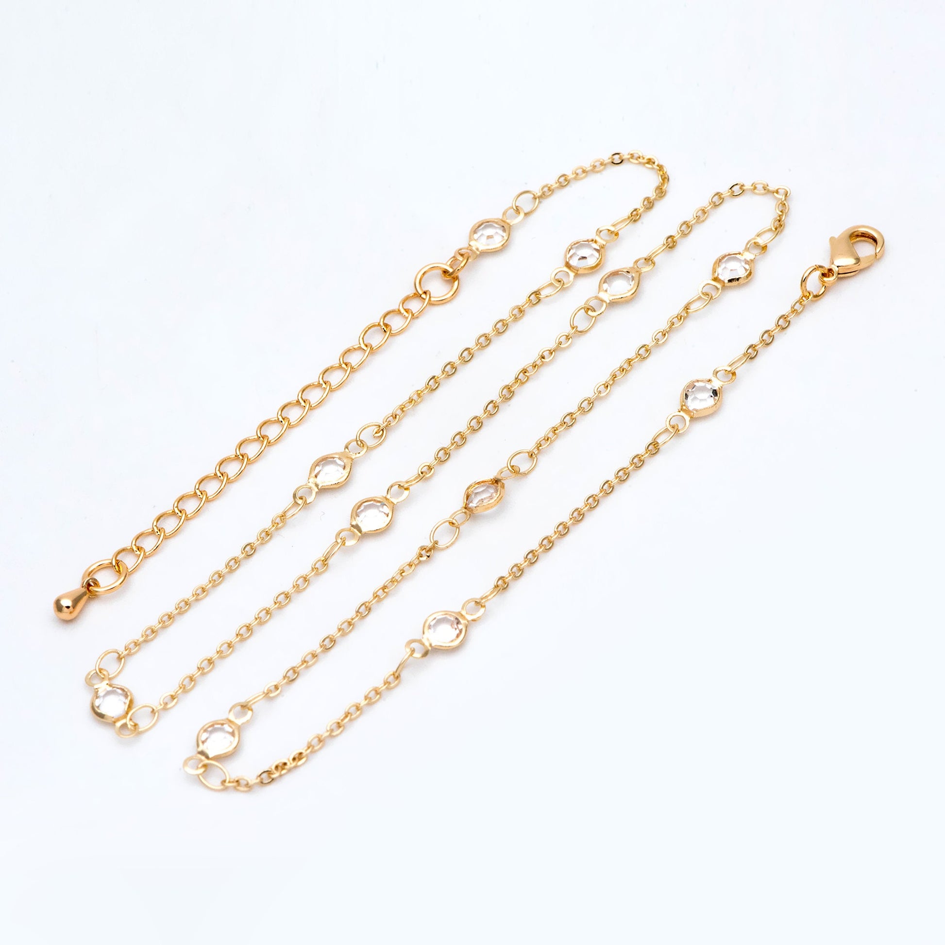 Adjustable Bracelet/ Anklet/ Necklace with Extender, 18K Gold/ Rhodium plated Brass, Crystal Coin Bead Chain, Ready to Wear (#LK-147-4.5)