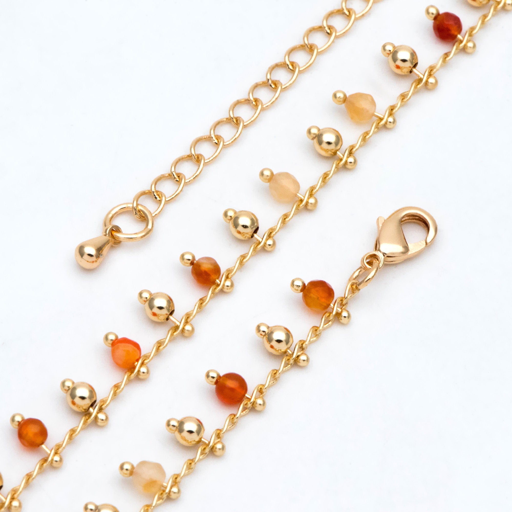 Gemstone Bead Chains, Finished Bracelet/ Anklet/ Necklace with Extender Chain, 18K Gold plated Brass, Ready to Wear (#LK-457)