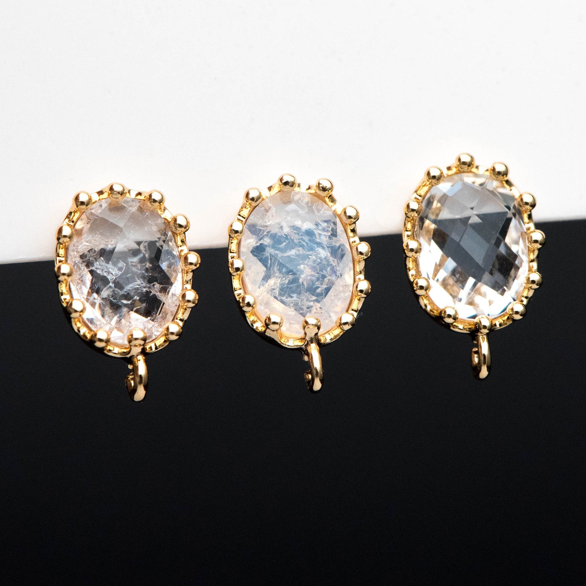 10pcs Crack Stone Ear Posts, Clear Stone Stud Earring with Loops, 18K Gold plated Brass Ear Findings (#GB-1306)