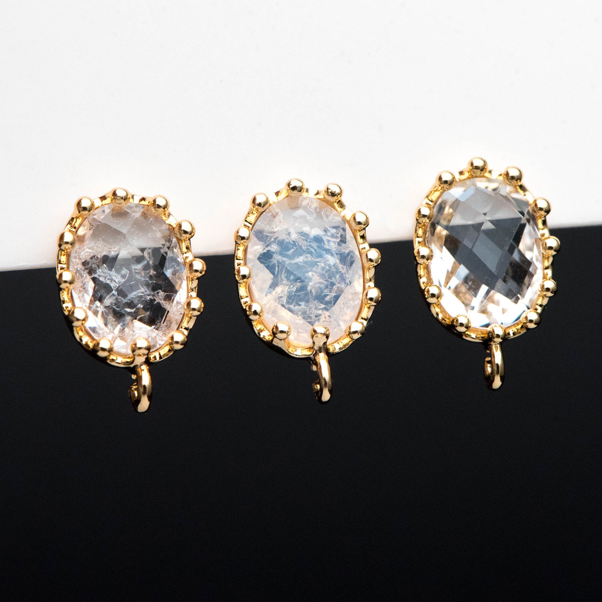 10pcs Crack Stone Ear Posts, Clear Stone Stud Earring with Loops, 18K Gold plated Brass Ear Findings (#GB-1306)