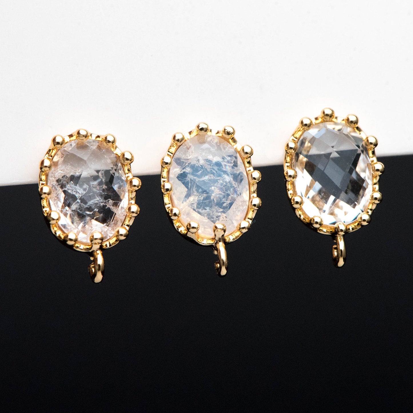 10pcs Crack Stone Ear Posts, Clear Stone Stud Earring with Loops, 18K Gold plated Brass Ear Findings (#GB-1306)