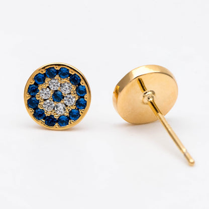 4pcs CZ Pave Round Evil Eye Earring Posts 7mm, Gold Plated Brass Stud Earrings (#GB-2930)