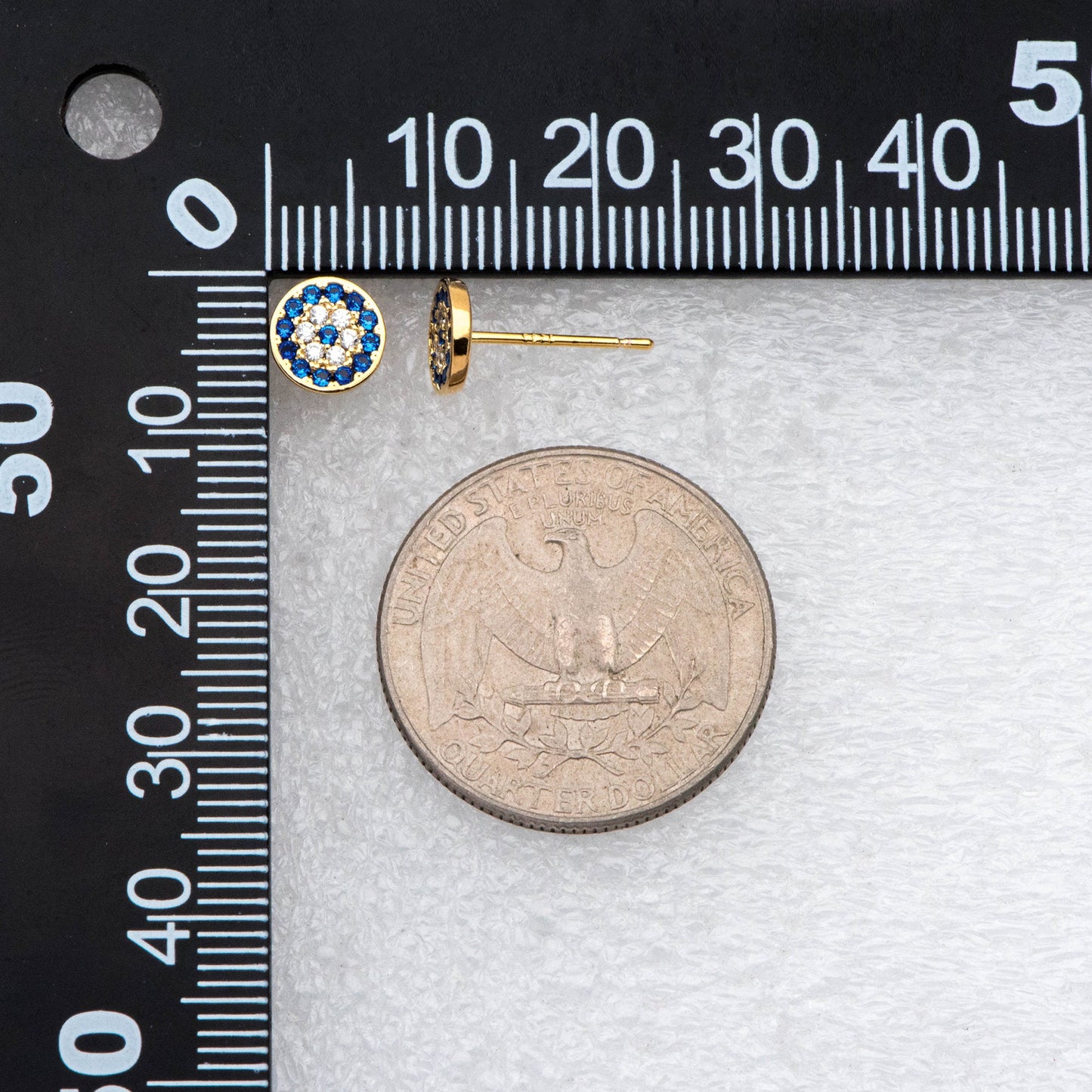 4pcs CZ Pave Round Evil Eye Earring Posts 7mm, Gold Plated Brass Stud Earrings (#GB-2930)