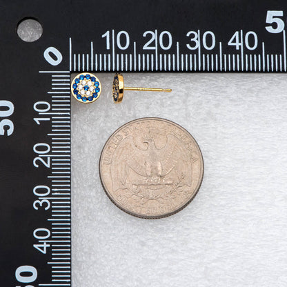 4pcs CZ Pave Round Evil Eye Earring Posts 7mm, Gold Plated Brass Stud Earrings (#GB-2930)