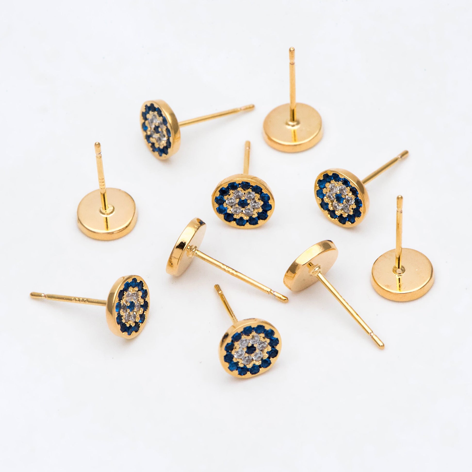 4pcs CZ Pave Round Evil Eye Earring Posts 7mm, Gold Plated Brass Stud Earrings (#GB-2930)
