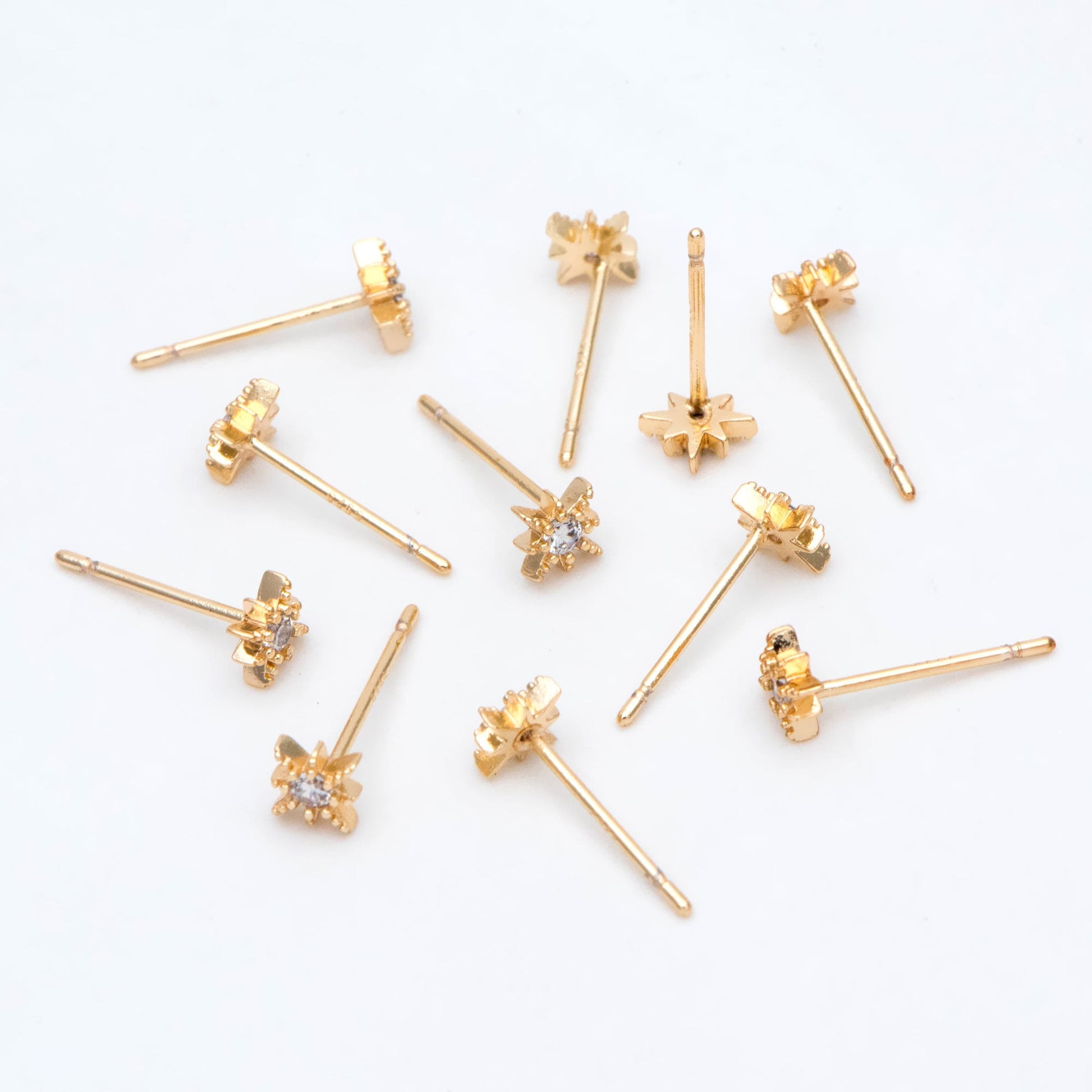 10pcs CZ Paved North Star Ear Posts, 5.5mm, Real Gold Plated Brass Star Stud Earrings (#GB-3041-E)