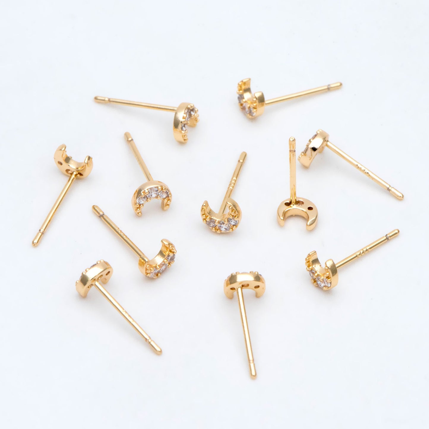 10pcs CZ Pave Moon Ear Posts 5mm, Real Gold Plated Brass Stud Earrings (#GB-3041-F)