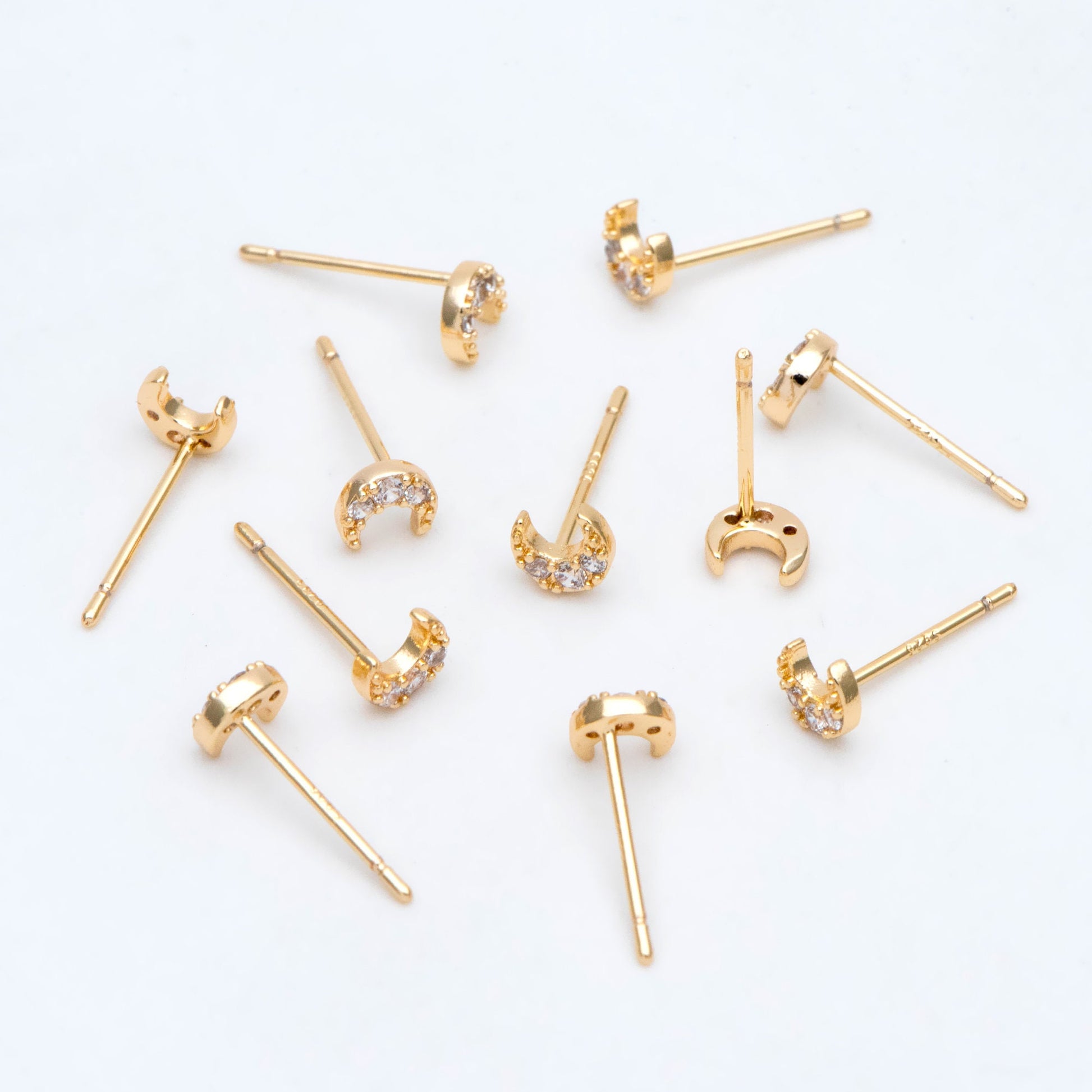 10pcs CZ Pave Moon Ear Posts 5mm, Real Gold Plated Brass Stud Earrings (#GB-3041-F)