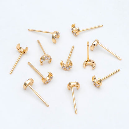 10pcs CZ Pave Moon Ear Posts 5mm, Real Gold Plated Brass Stud Earrings (#GB-3041-F)