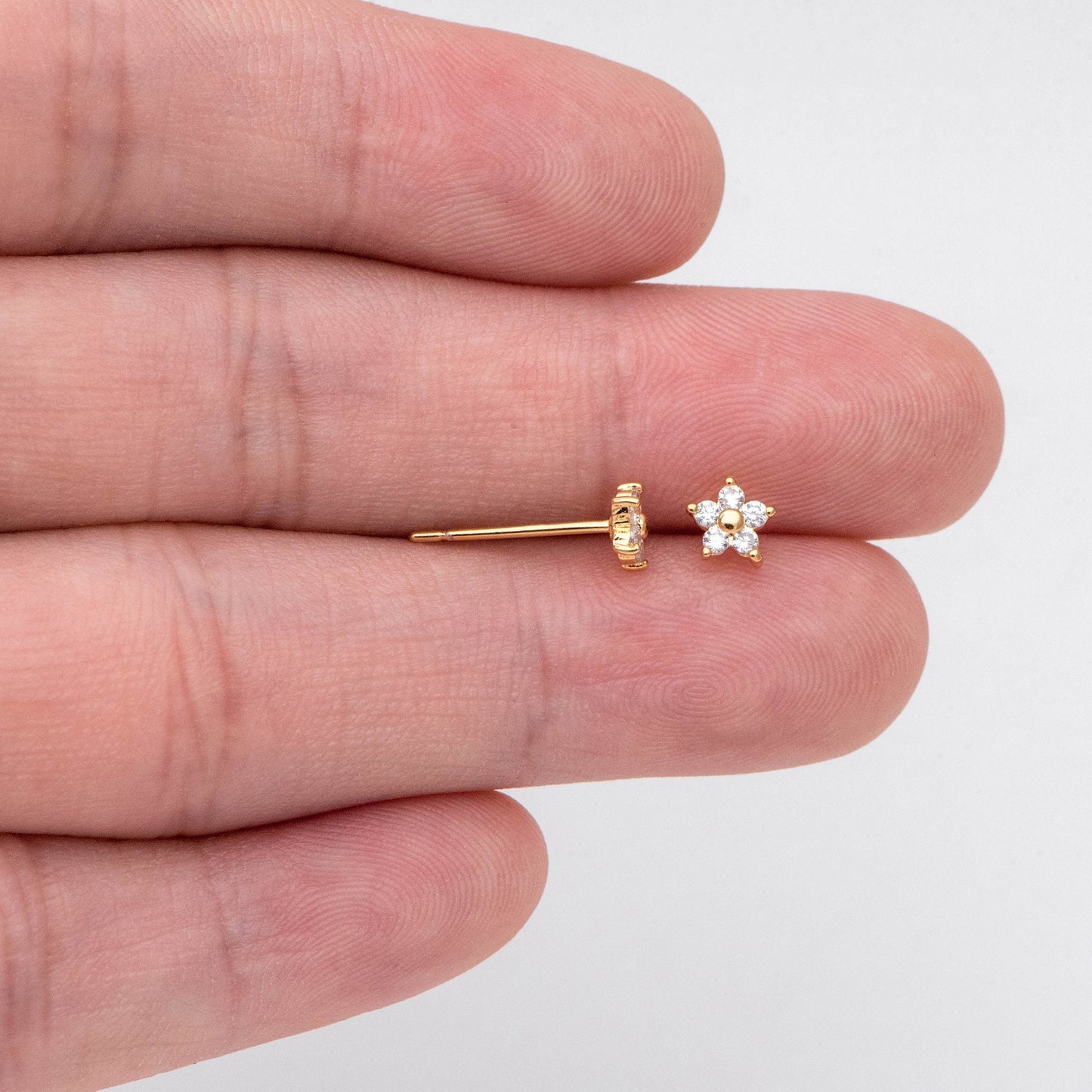 10pcs Gold Flower Stud Earring, Dainty Floral Ear Posts 5mm, CZ pave Tiny Earring Studs (GB-3395-A)