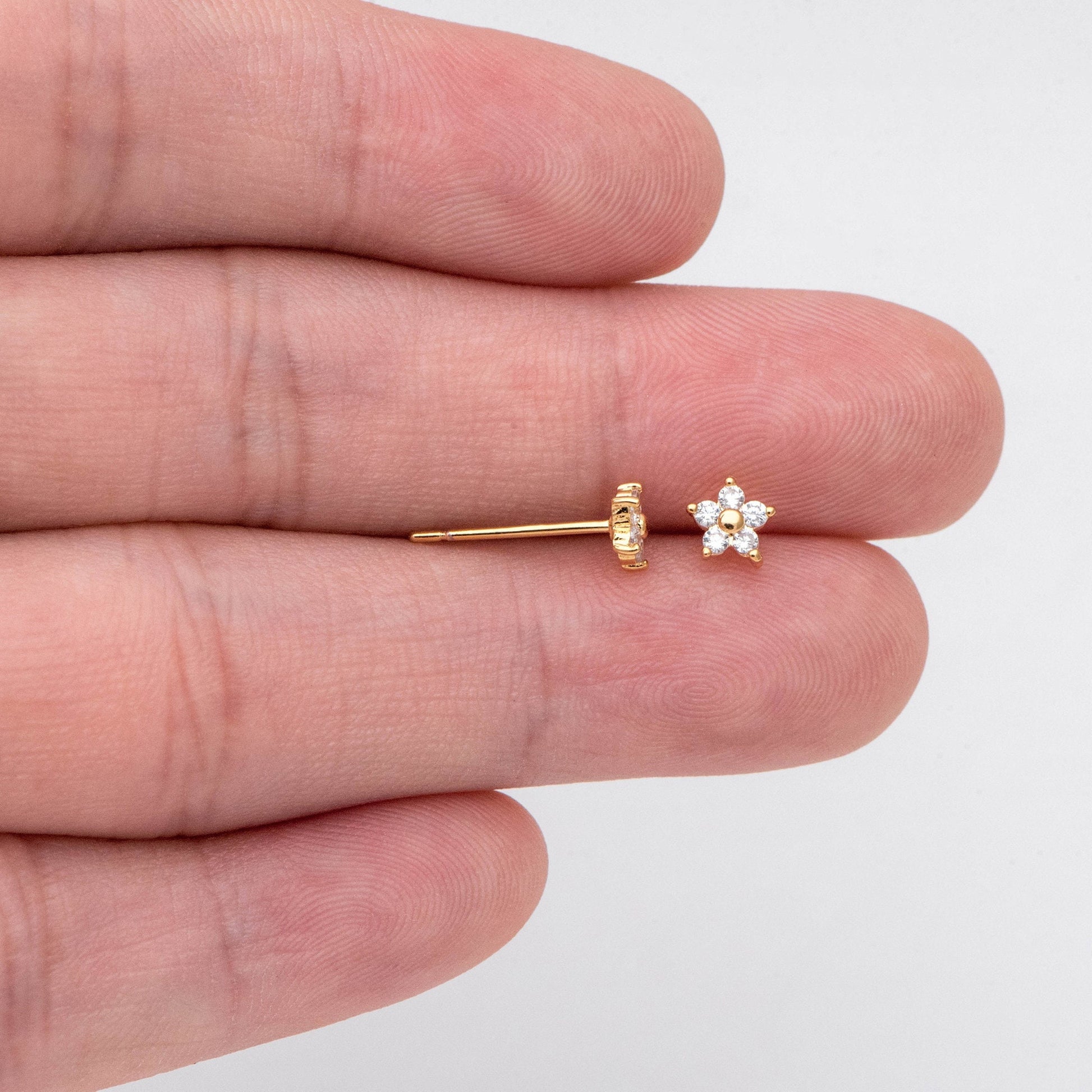 10pcs Gold Flower Stud Earring, Dainty Floral Ear Posts 5mm, CZ pave Tiny Earring Studs (GB-3395-A)