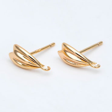 10pcs Gold Leaf Ear Post with Loop 11.5x5mm, Gold Plated Brass Stud Earrings, DIY Ear Findings (GB-2969)