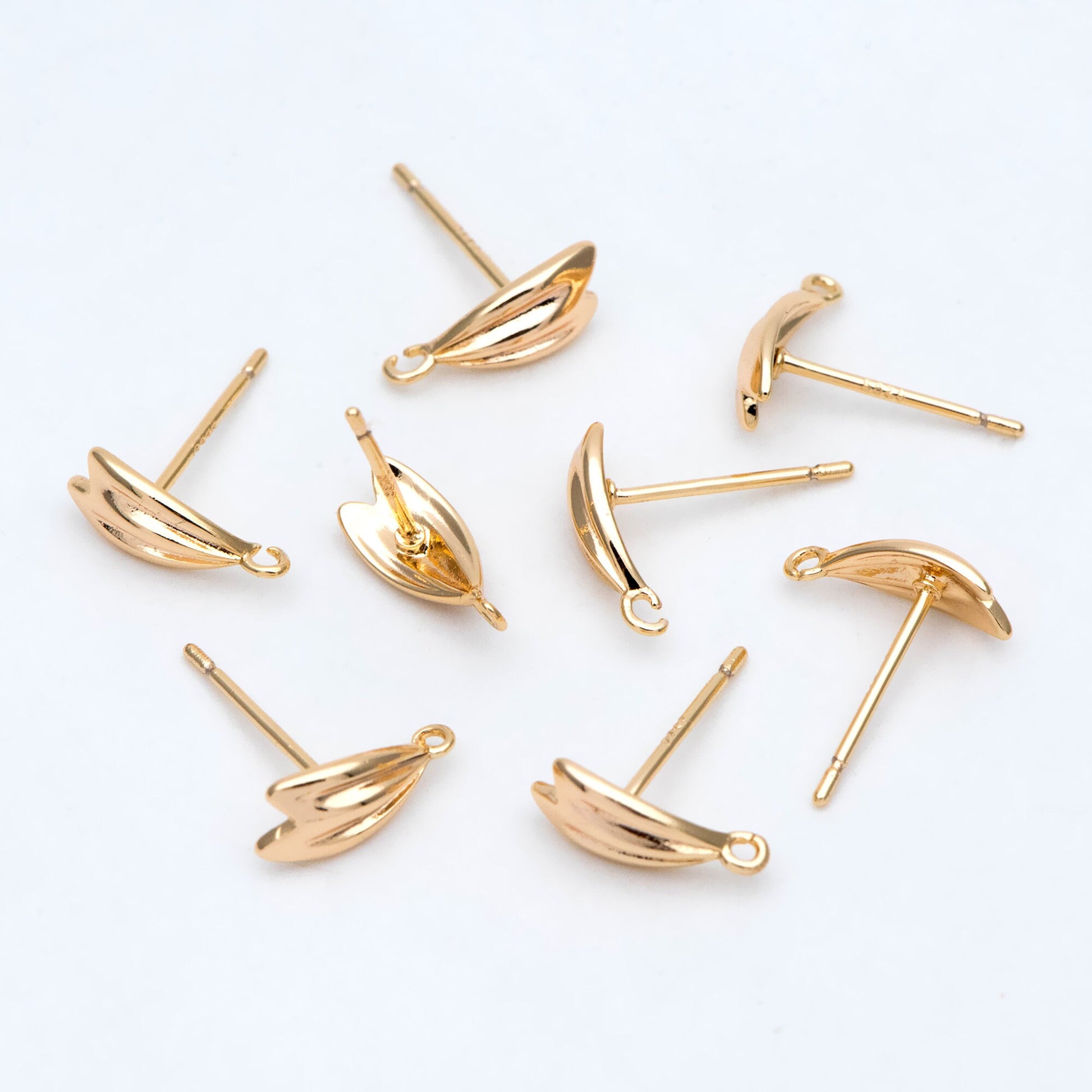 10pcs Gold Leaf Ear Post with Loop 11.5x5mm, Gold Plated Brass Stud Earrings, DIY Ear Findings (GB-2969)
