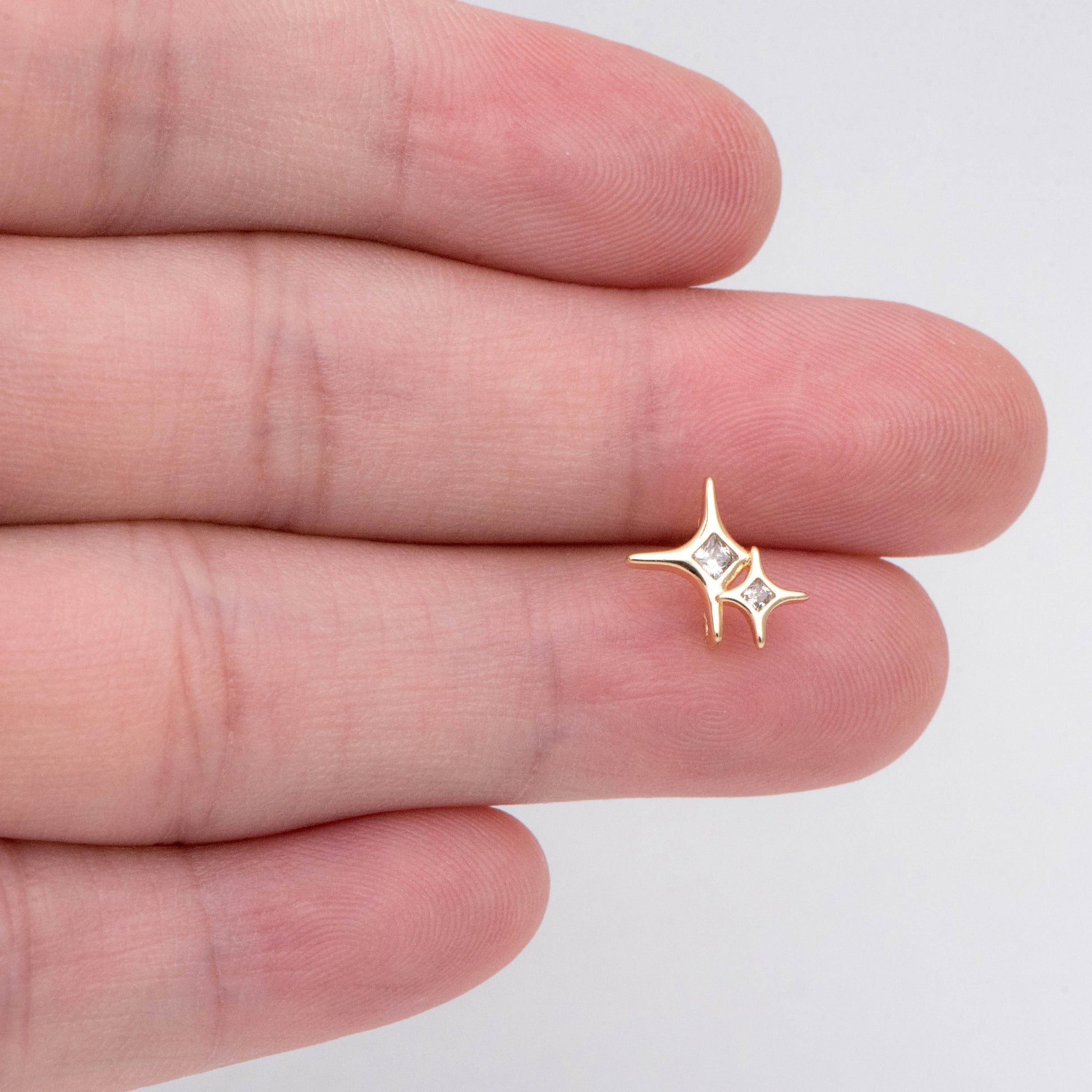 4pcs CZ Pave Gold Cross Star Earring with Loop, Gold Plated Brass North Star Stud Earrings (GB-2979)