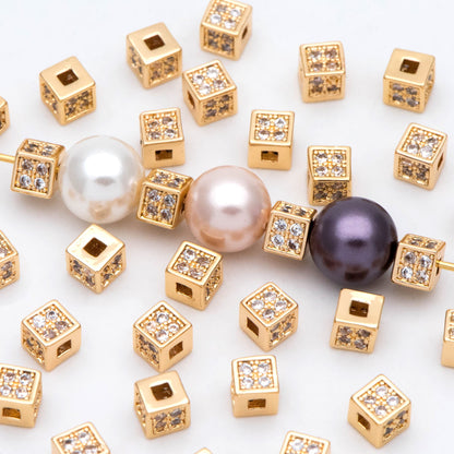 10pcs CZ Pave Gold Cube Spacers 4mm, 18K Gold plated Brass Square Beads (GB-1736)