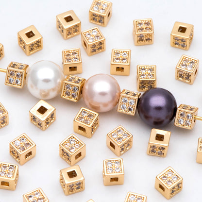10pcs CZ Pave Gold Cube Spacers 4mm, 18K Gold plated Brass Square Beads (GB-1736)
