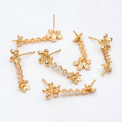 4pcs Gold Flower Earring With Pearl Peg Earring Mounts, Foral Stud Earrings with Peg (GB-2973)