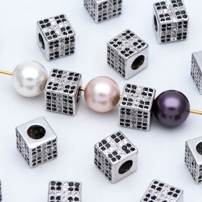 4pcs CZ Pave Silver Cube Spacers 7mm, Rhodium plated brass, Large Hole Square Beads (GB-797-2)