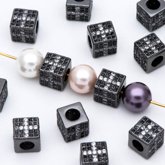 4pcs CZ Pave Black Cube Spacers 7mm, Gun Metal plated Brass, Large Hole Square Beads (GB-797-3)