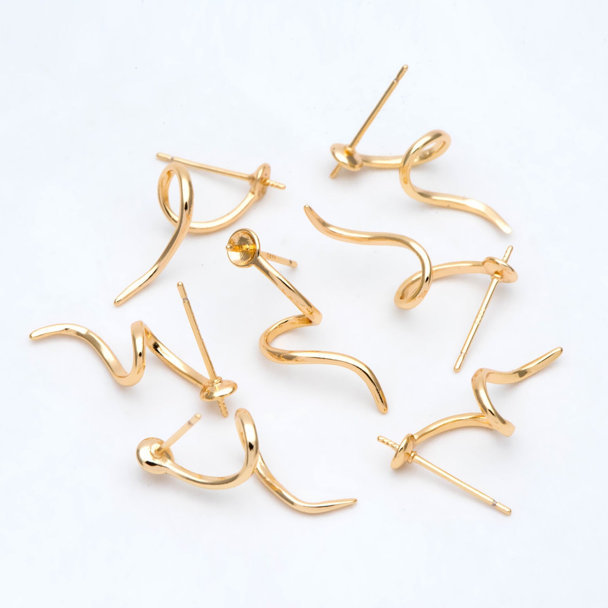 10pcs Gold Stud Earrings, Twist Ear Wire, Pearl Earring Mounts, Half Drilled Pearls Earring Settings (GB-2970)
