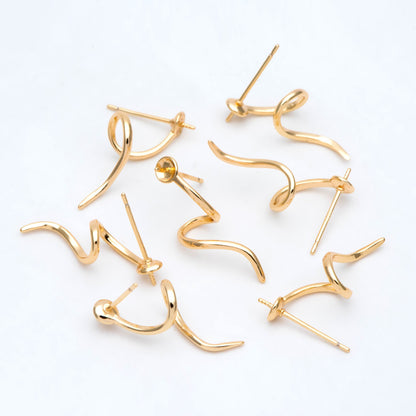 10pcs Gold Stud Earrings, Twist Ear Wire, Pearl Earring Mounts, Half Drilled Pearls Earring Settings (GB-2970)