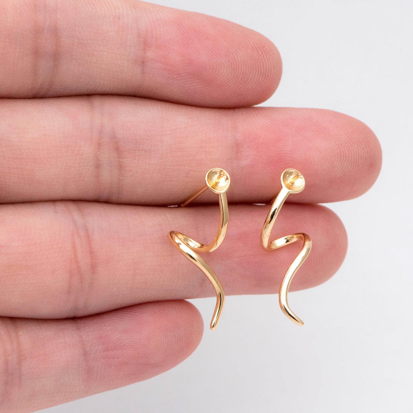 10pcs Gold Stud Earrings, Twist Ear Wire, Pearl Earring Mounts, Half Drilled Pearls Earring Settings (GB-2970)