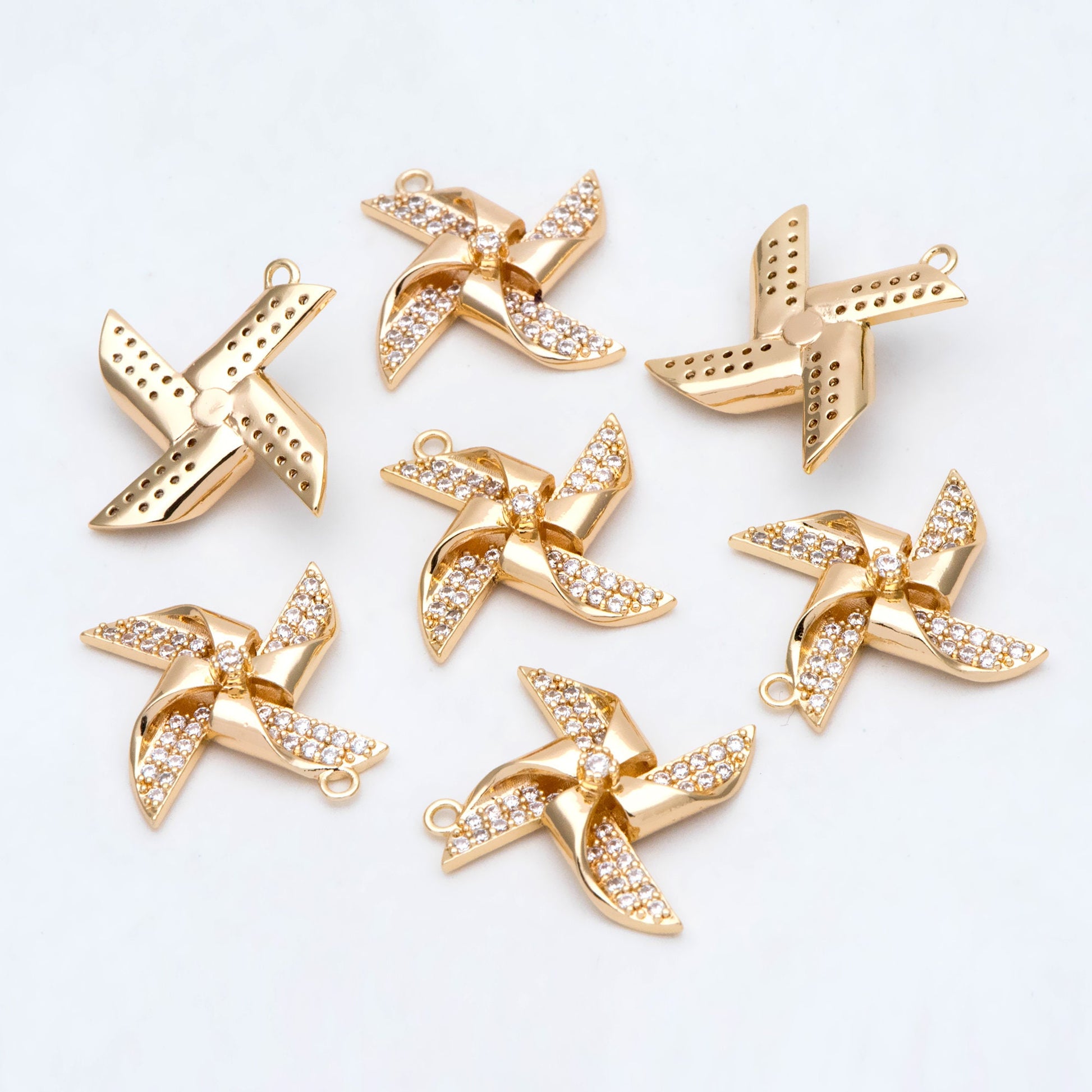4pcs CZ Pave Gold Windmill Charm, Real Gold plated Brass, Jewelry Supply (GB-2999)