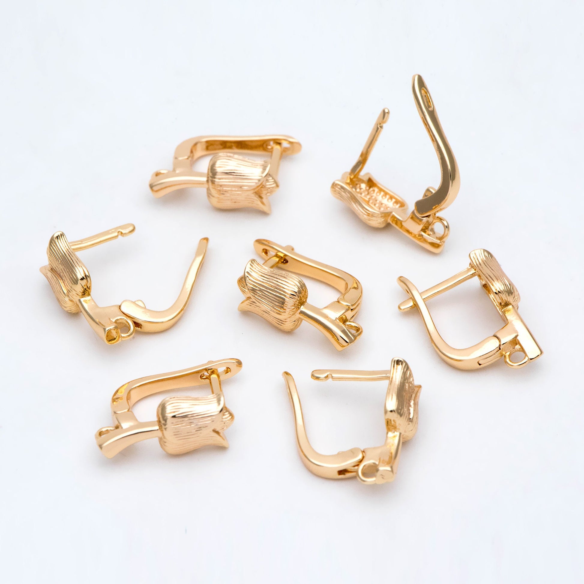 4pcs Gold Flower Click-in Style Leverback Earring, Gold Plated Brass Earring Findings (GB-3002-B)