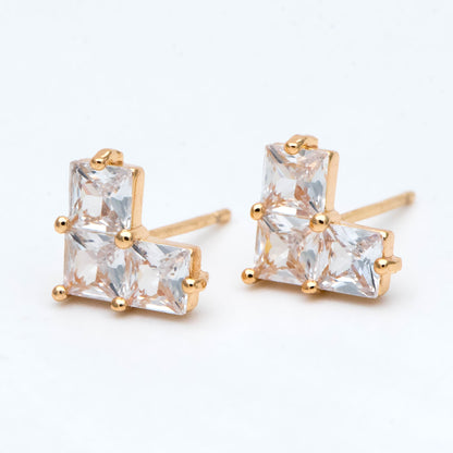 4pcs CZ Pave Heart Ear Posts, Gold Plated Brass Stud Earrings, Jewelry Findings, Wholesale Supplies (GB-3008)