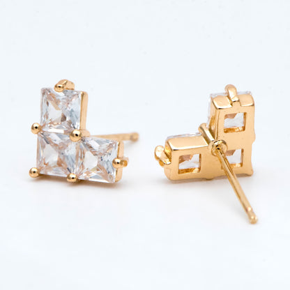 4pcs CZ Pave Heart Ear Posts, Gold Plated Brass Stud Earrings, Jewelry Findings, Wholesale Supplies (GB-3008)
