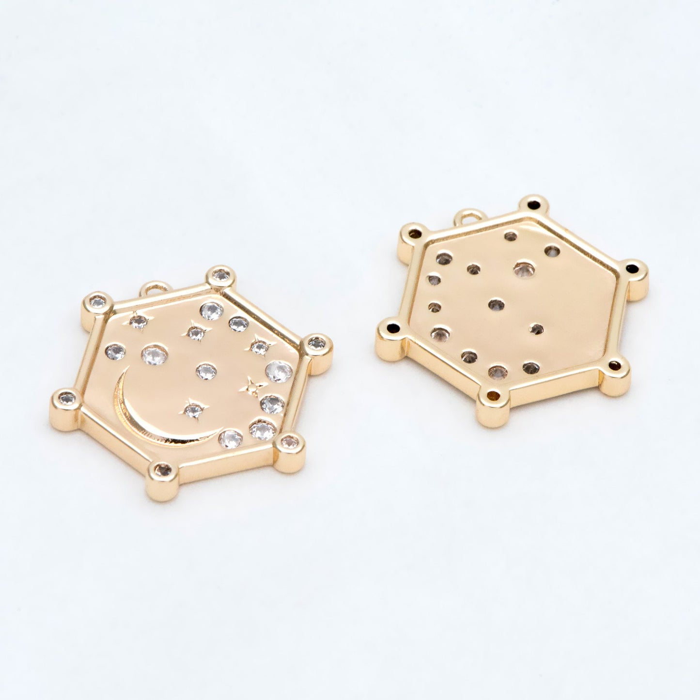 4pcs CZ pave Gold Hexagon Charm, Real Gold plated Brass, Moon And Star Pendant (GB-2394-J)